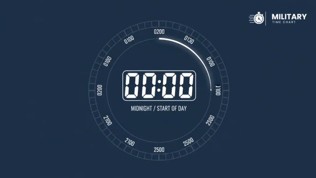 0000 military time showing midnight at the start of the day on a clock