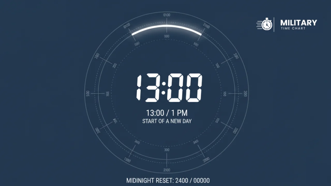 1300 Military Time 1 1300 military time showing in the middle of a 24-hour clock