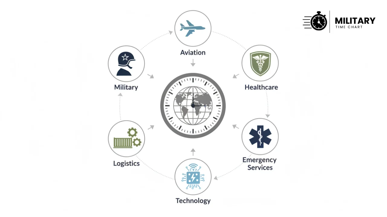 Industries that use military time including military aviation and hospitals